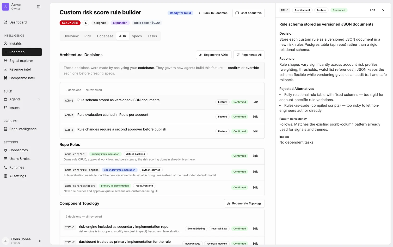 The ADR tab for the Custom risk score rule builder feature in VocxAI, marked ready for build with three confirmed architectural decisions, the repo roles behind them, and one decision opened showing its rationale and rejected alternatives