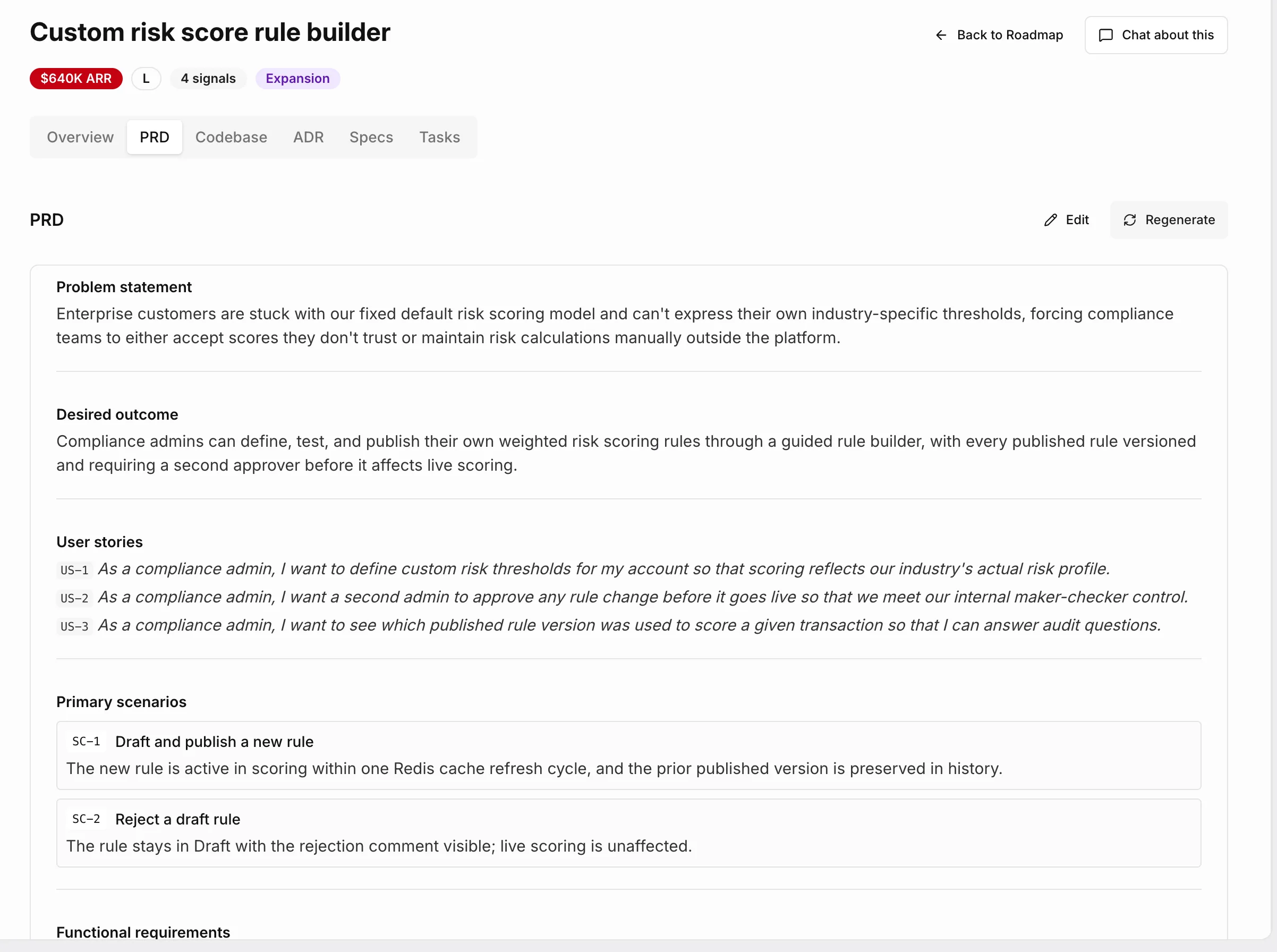 A generated PRD showing the problem statement, desired outcome, user stories and primary scenarios