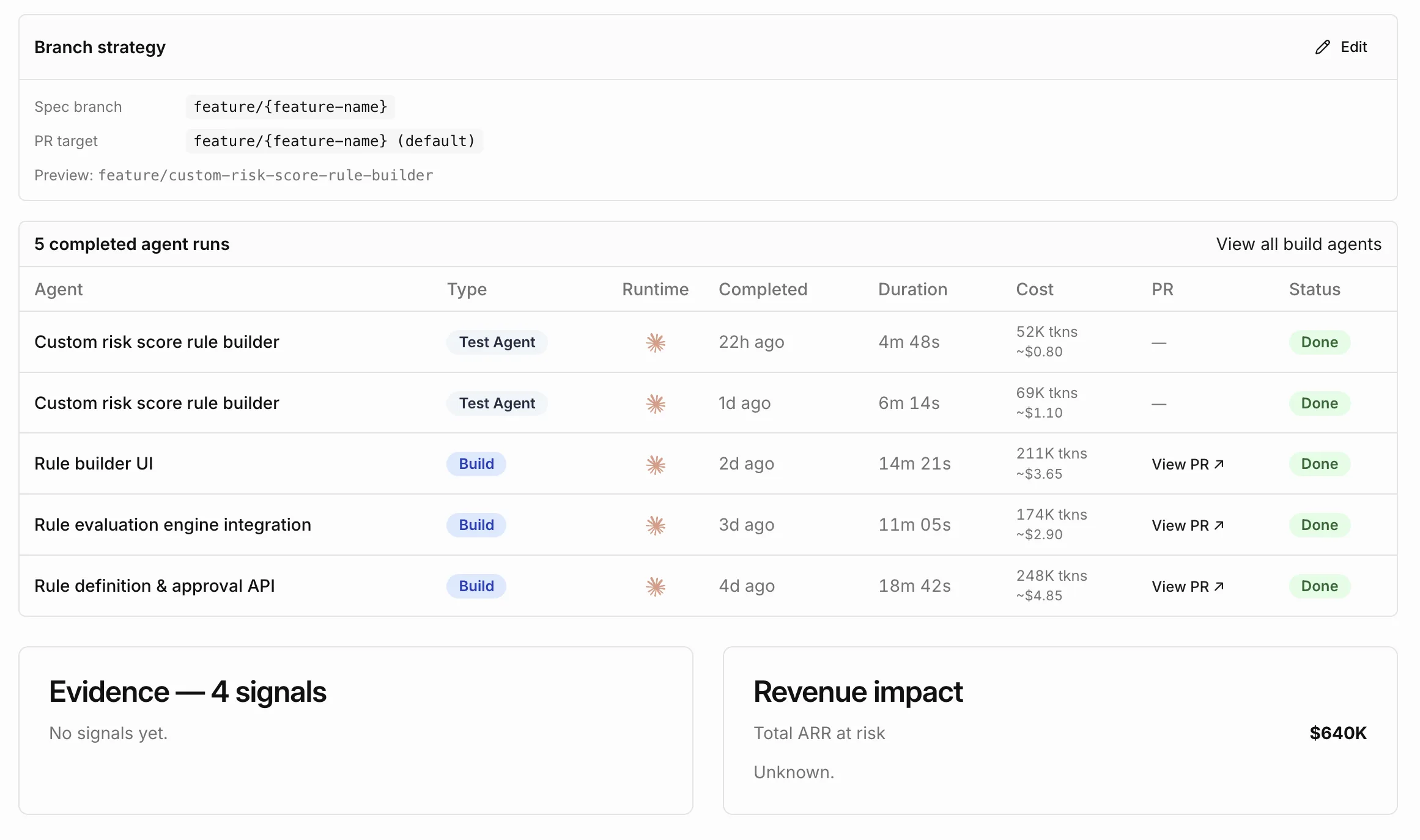 Branch strategy and a table of completed build agent runs with duration, cost and pull request links