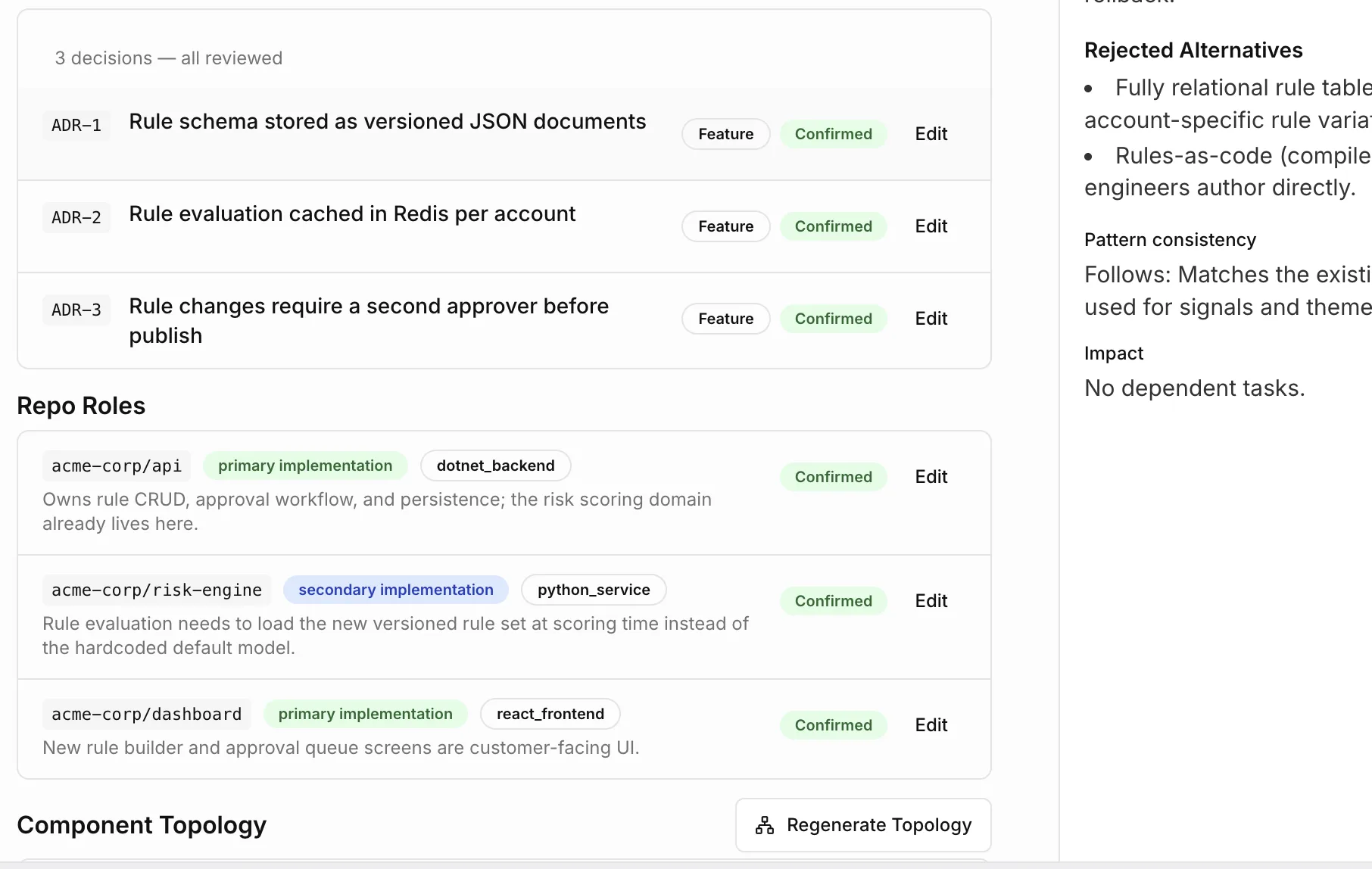 Confirmed architectural decisions and repo roles awaiting human review