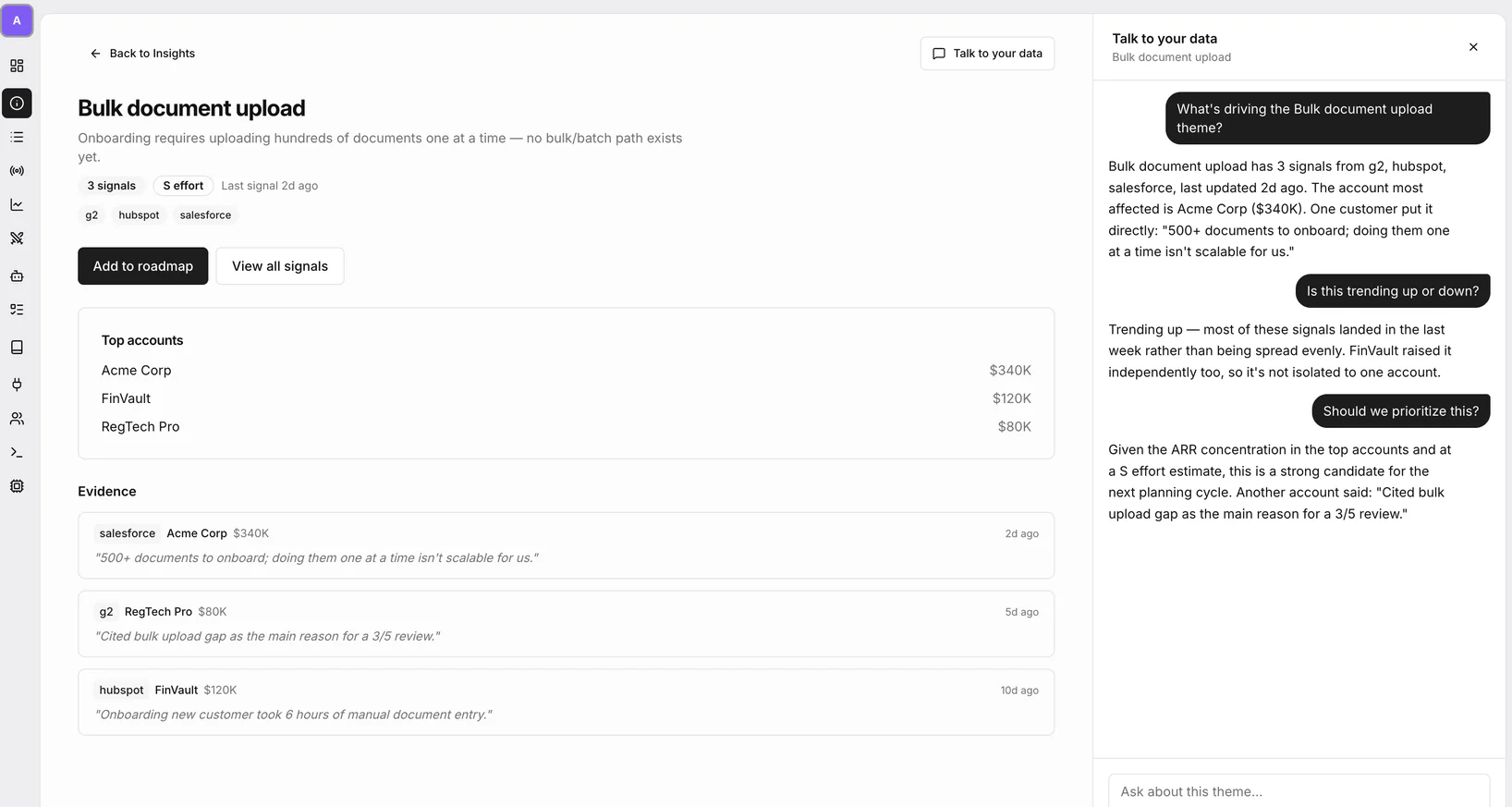 The Bulk document upload theme in VocxAI with the Talk to your data panel open beside it, answering what is driving the theme, whether it is trending up, and whether to prioritise it