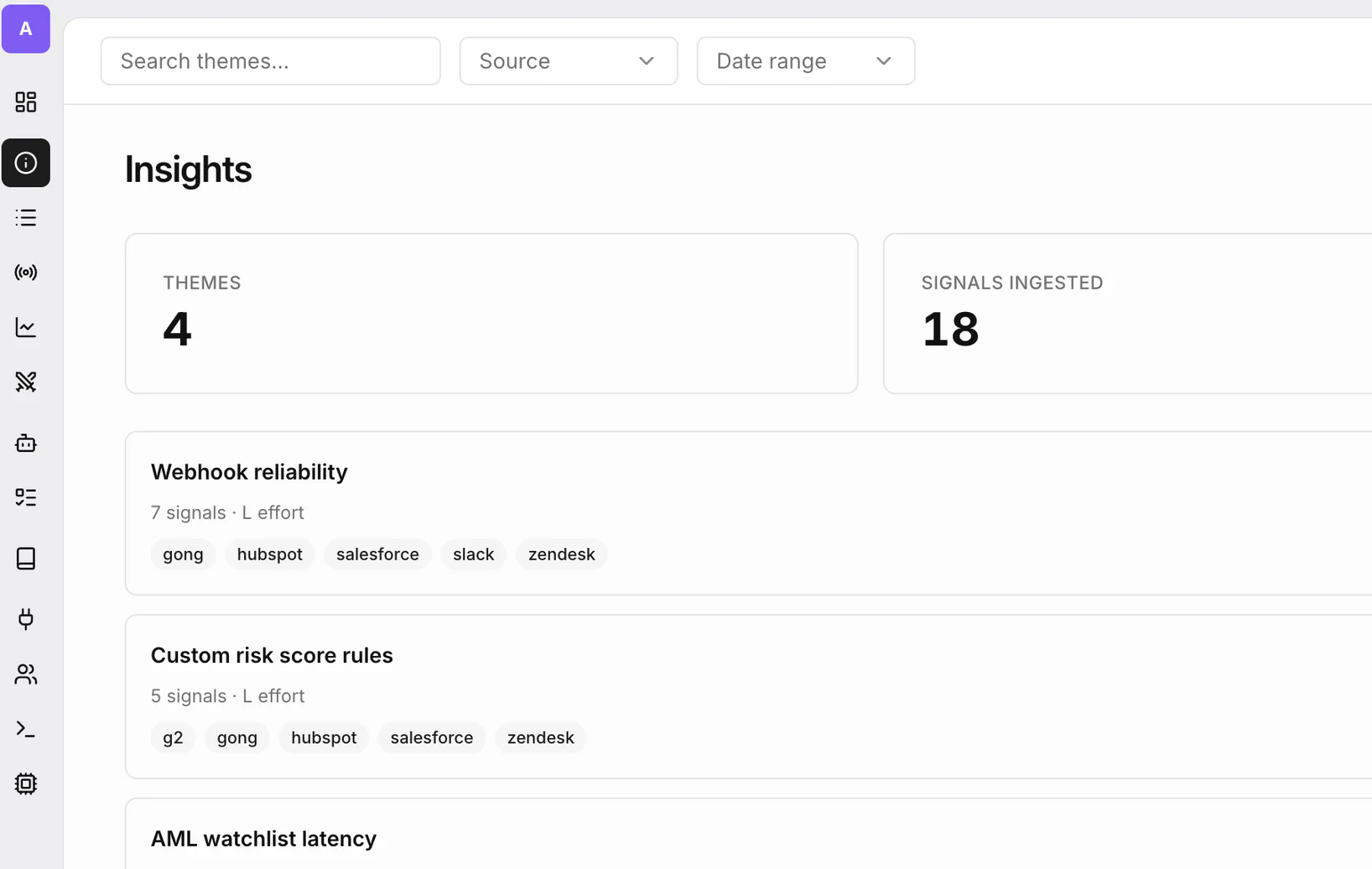 The Insights view in VocxAI listing four themes clustered from 18 signals, including Webhook reliability and Custom risk score rules, each tagged with its contributing sources