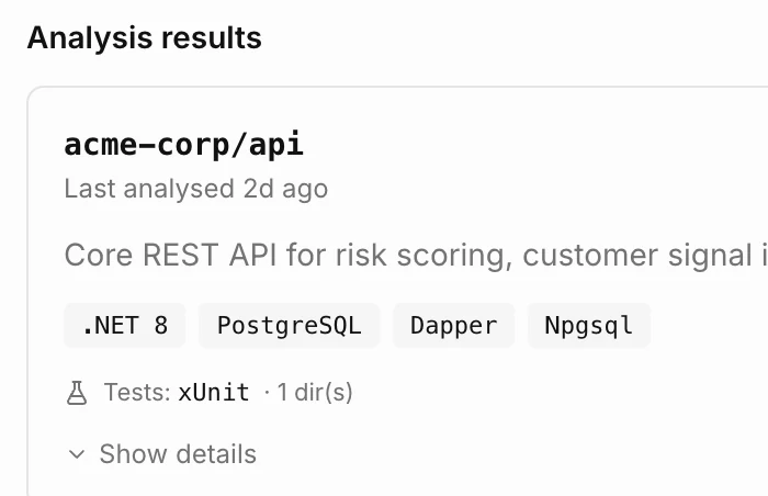 Codebase analysis results for acme-corp/api in VocxAI, showing the detected stack - .NET 8, PostgreSQL, Dapper, Npgsql - and its xUnit tests