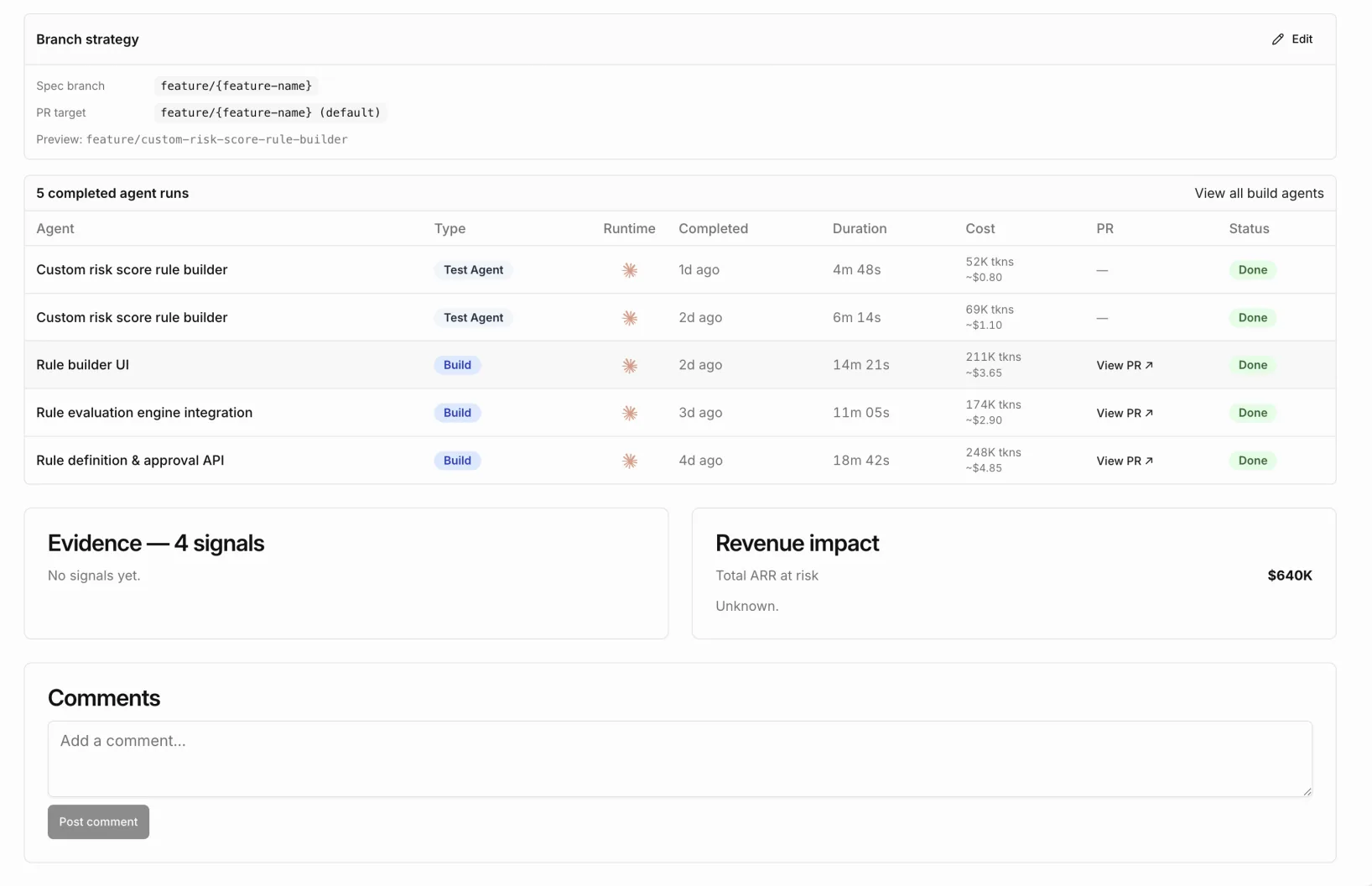 A completed build run with linked evidence, revenue impact and a comment thread, plus a View PR link