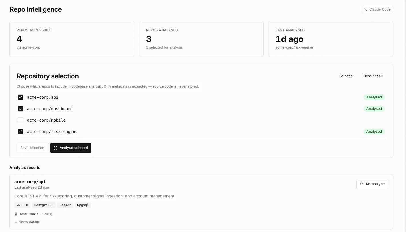 VocxAI Repo Intelligence analysing connected GitHub repositories to map incoming customer signals to real gaps in the codebase