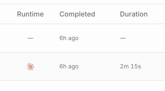 The completed build agent runs table in VocxAI, listing runtime, when each run completed and how long it took
