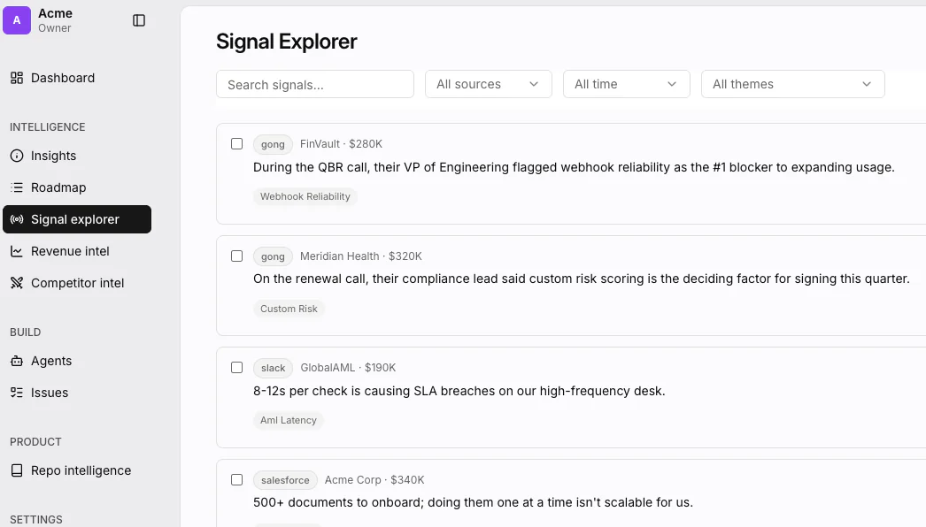 VocxAI Signal Explorer listing customer signals from Gong, Slack and Salesforce, each tagged with a theme and the account ARR behind it