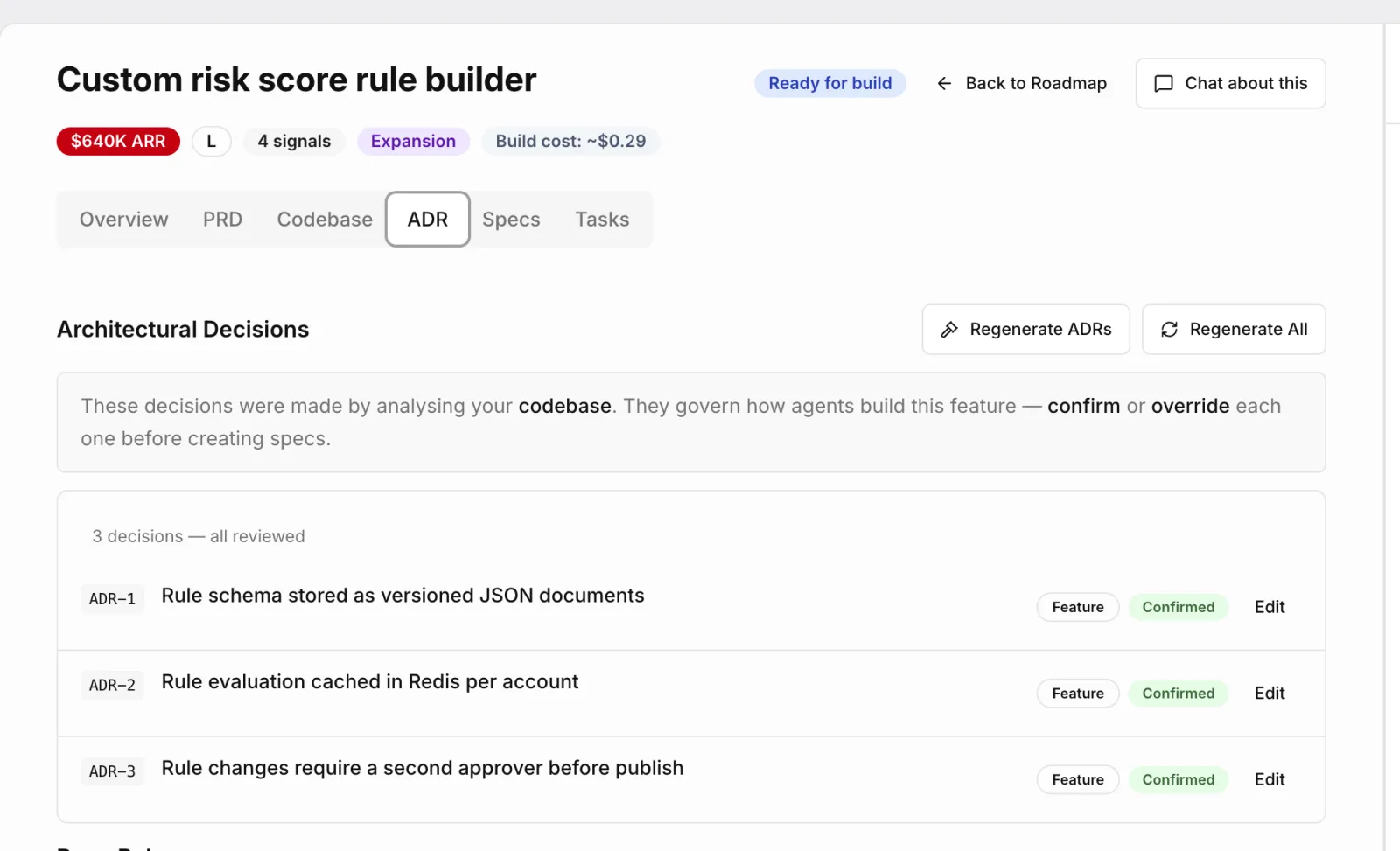 Architectural decisions confirmed by analysing the codebase, each one ready to confirm or override before creating specs