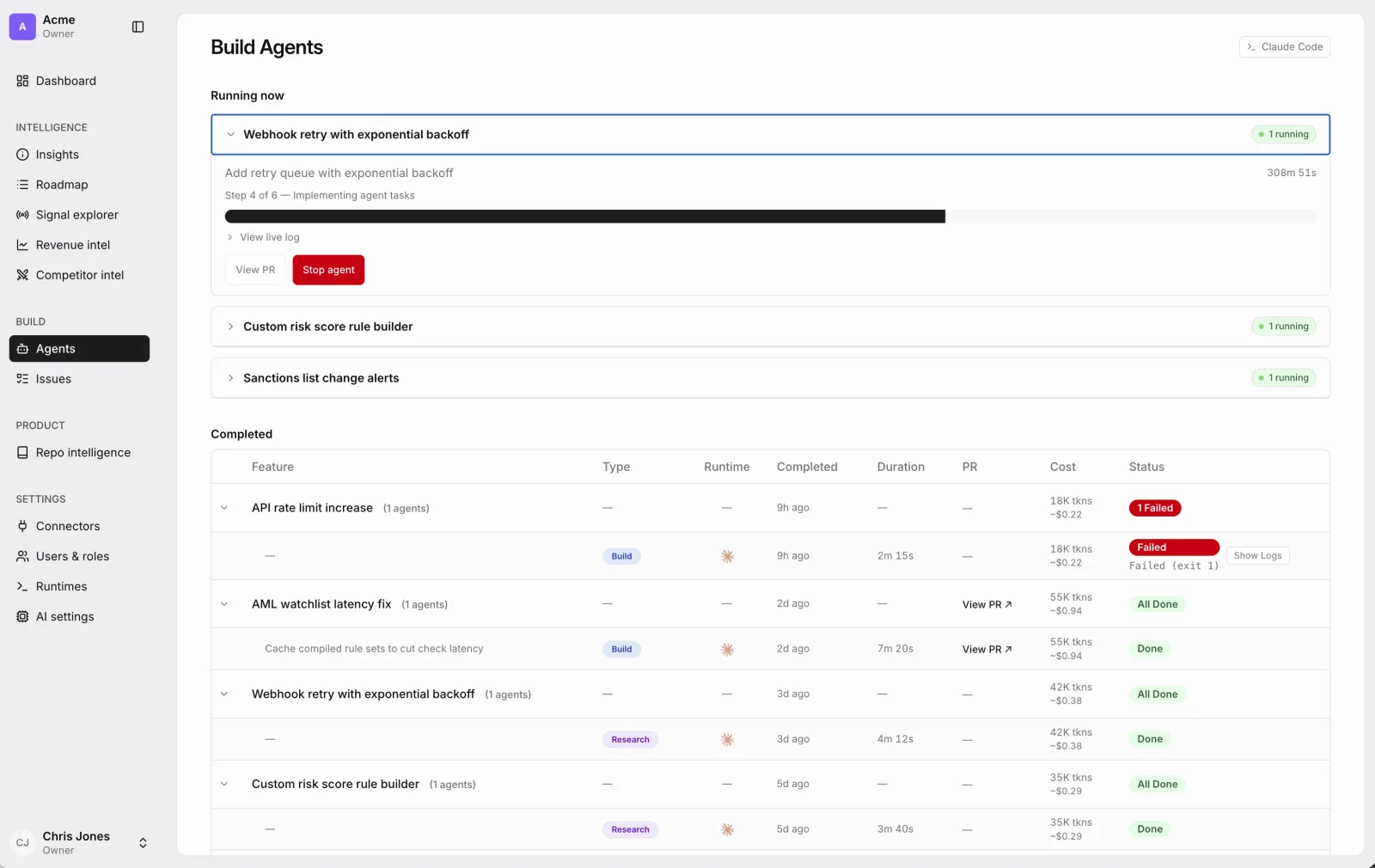 The Build Agents dashboard showing running and completed agent jobs, each with a linked pull request and status
