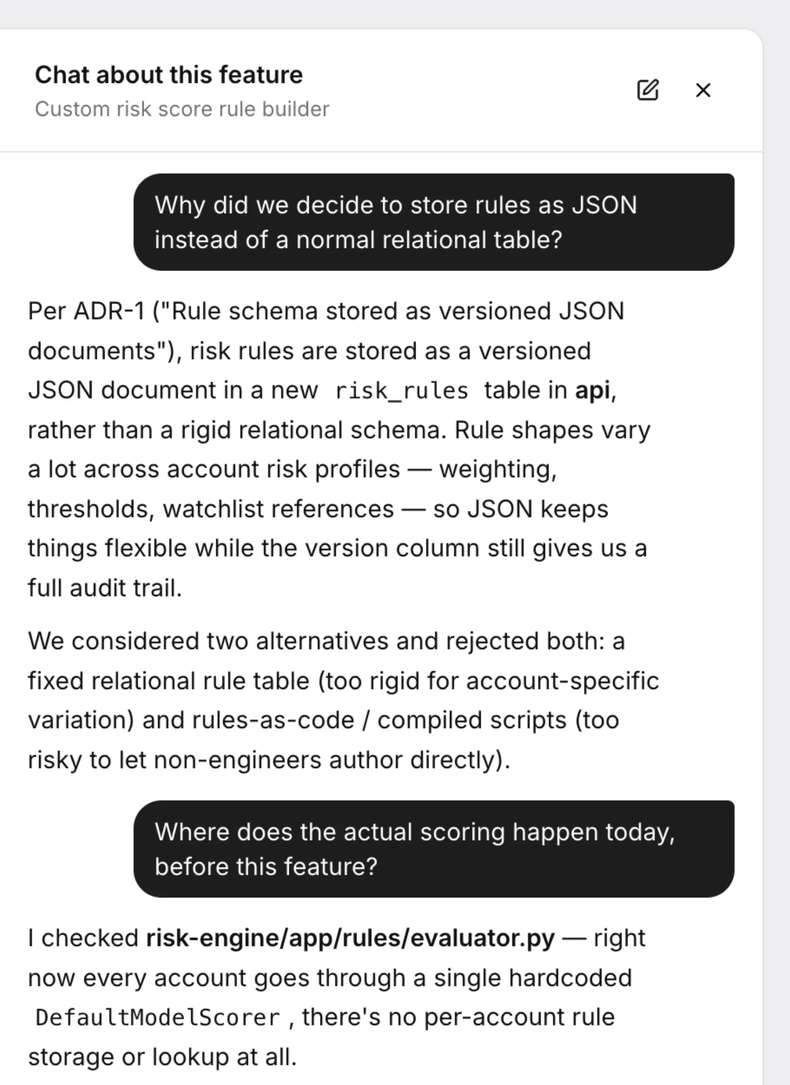 A chat thread asking why a rule schema was designed a certain way and where scoring happens in the codebase