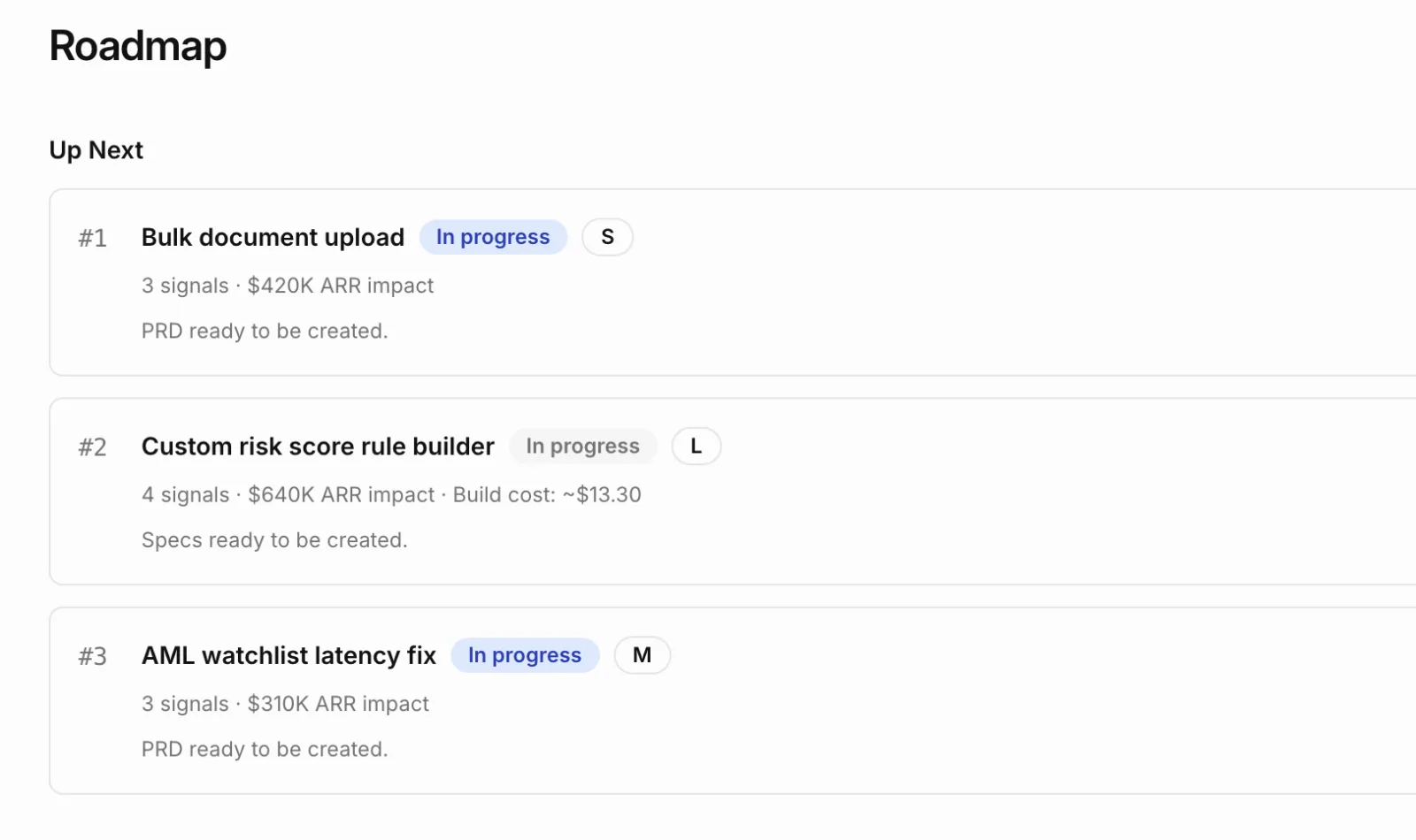 A roadmap showing multiple features in progress at once, each with its ARR impact and build status