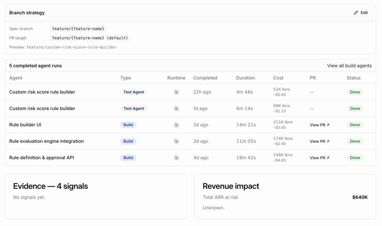 Completed agent runs with a linked pull request for each one, ready to open and review