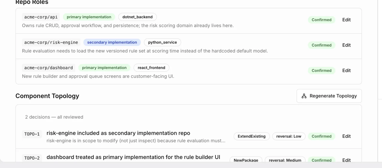 Confirmed repo roles and component topology decisions, each one editable