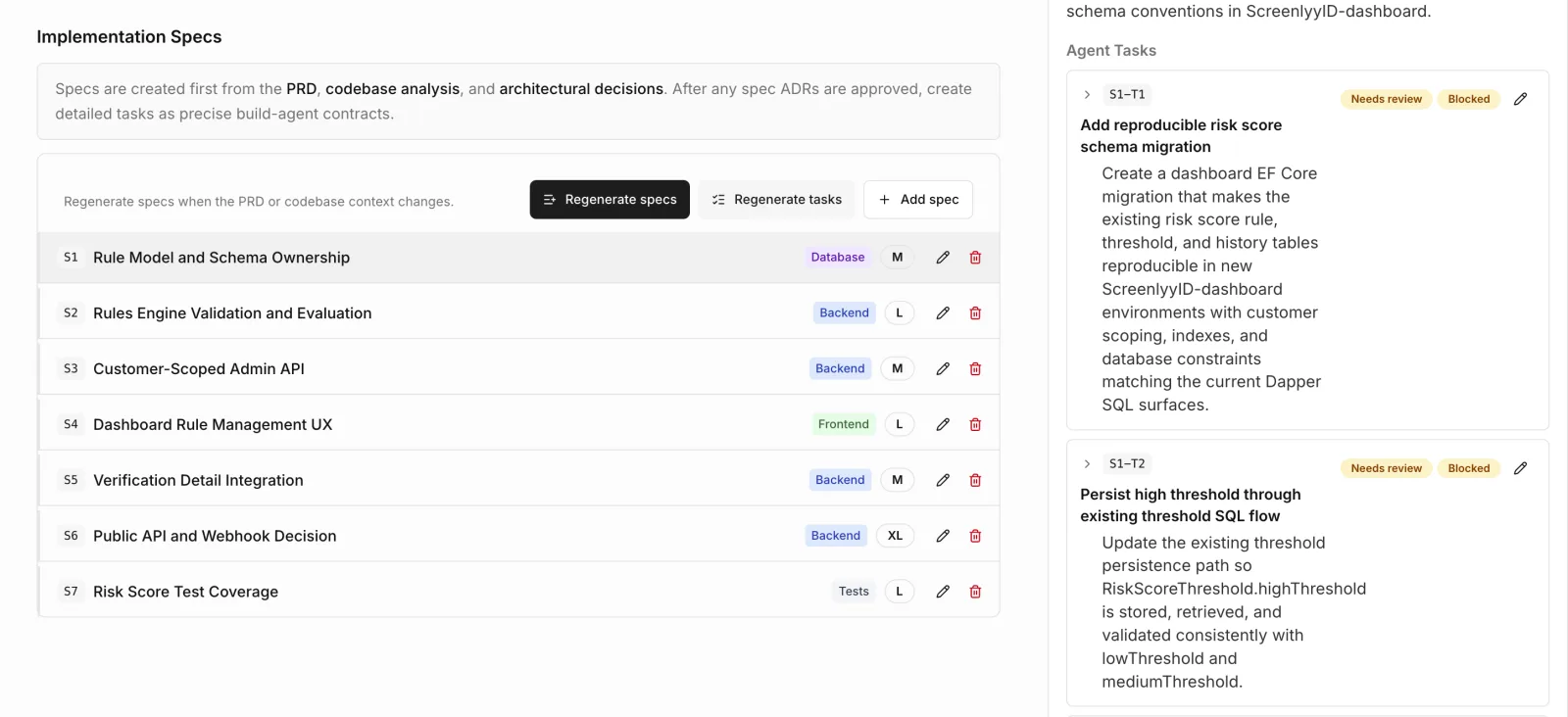Implementation specs and their acceptance-criteria driven agent tasks, ready to hand off to a build agent