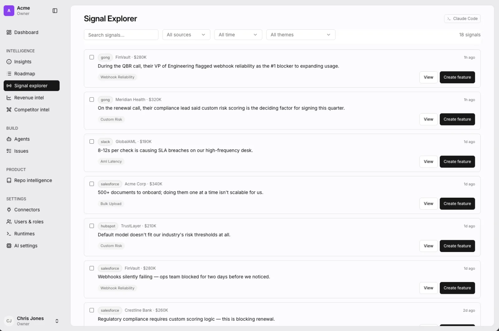 Raw customer signals grouped by theme with ARR attached, each one ready to turn into a feature