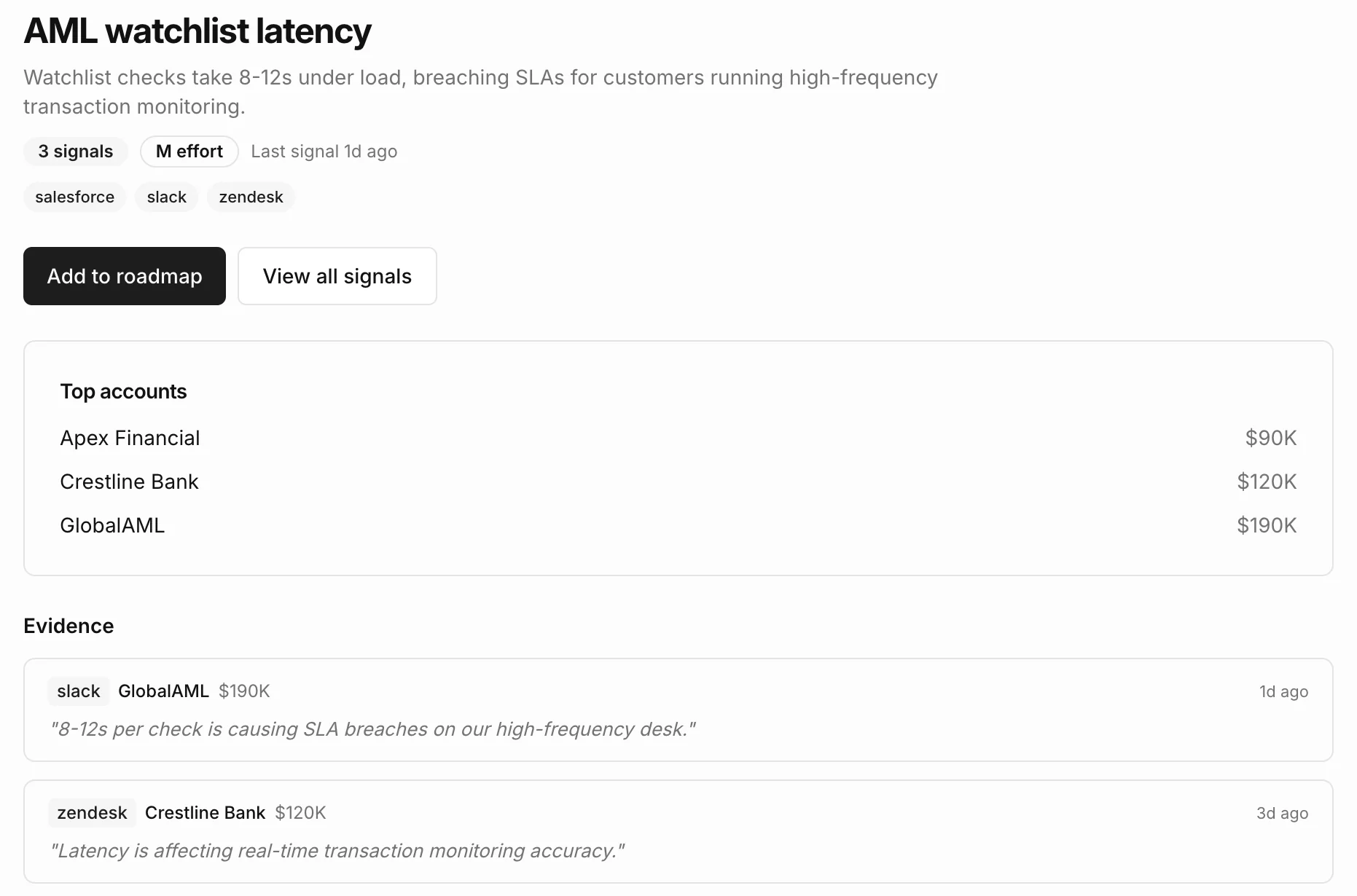 The AML watchlist latency theme in VocxAI, with its top accounts by ARR and the evidence behind it - quotes from GlobalAML and Crestline Bank about SLA breaches and monitoring accuracy