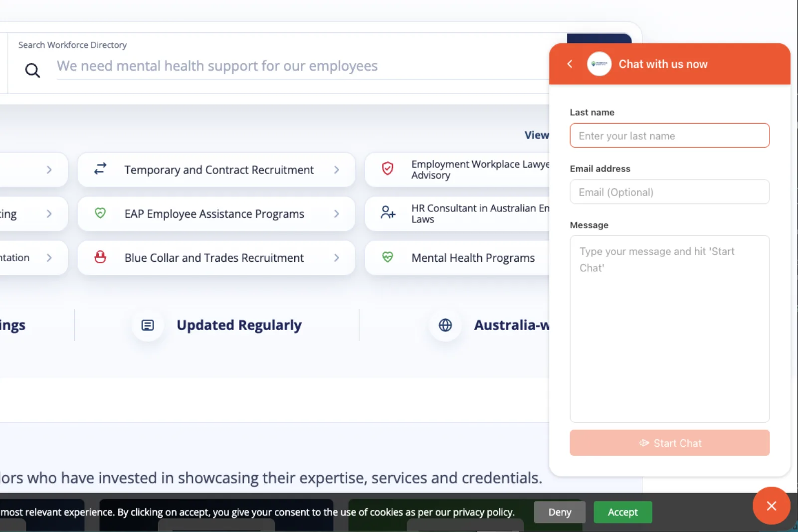 The live chat widget open on the Workforce Directory site, with fields for name, email and a message